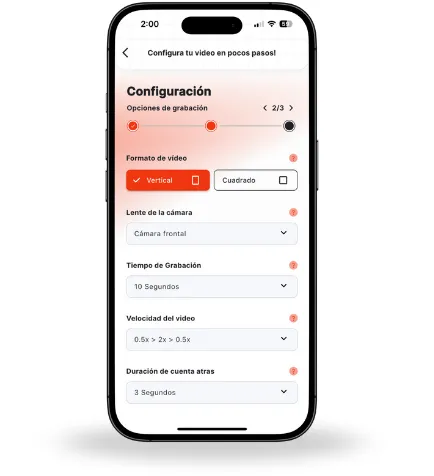 Pantalla de configuración de la grabación de un vídeo 360 en la app Snap360