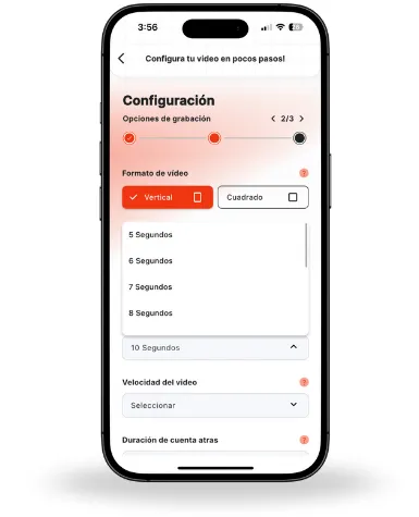 Selector del tiempo de grabación del vídeo 360 en la app Snap360