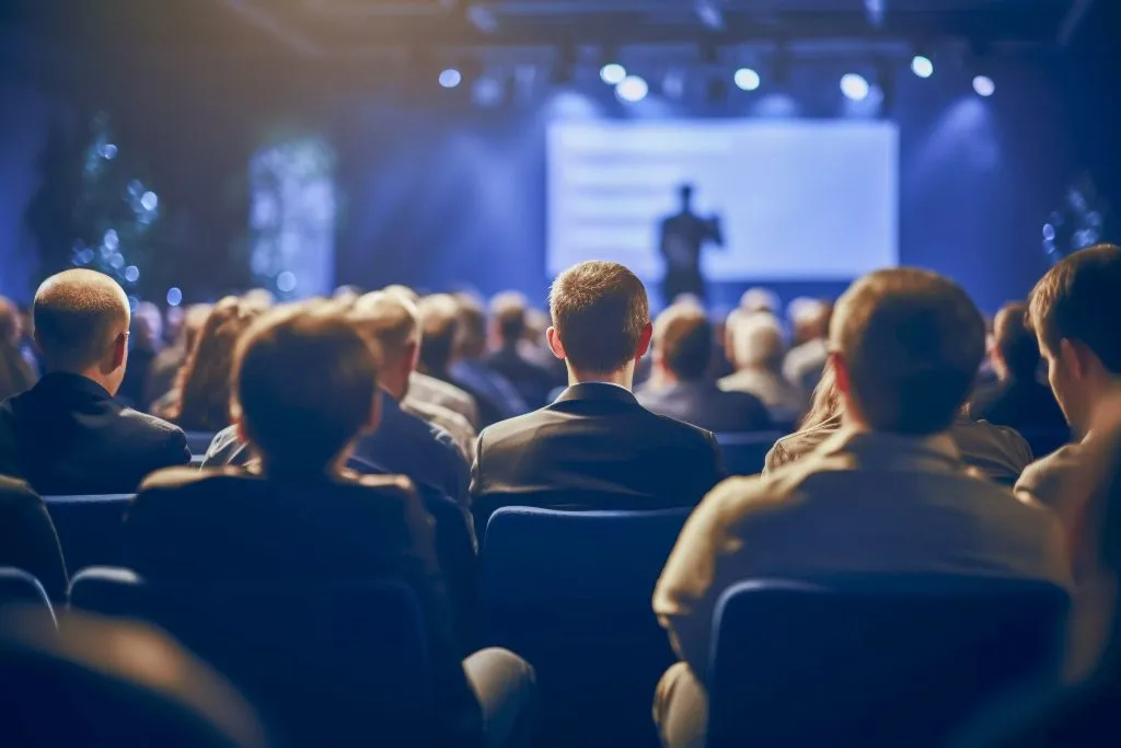 Público asistiendo a una conferencia de empresa frente al escenario