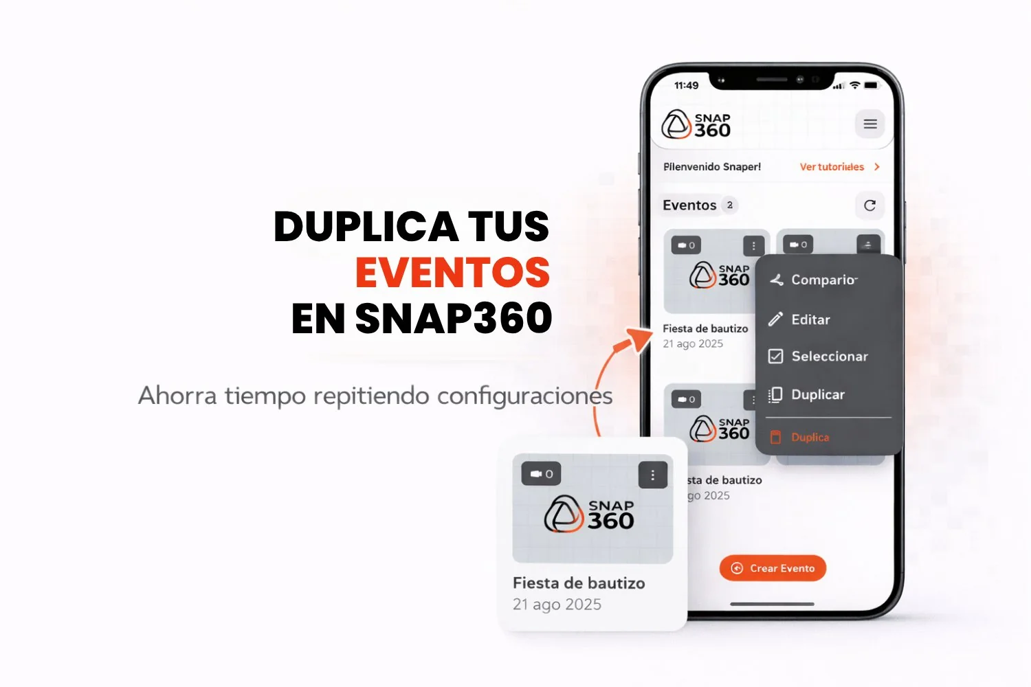 Duplicar un evento en la app Snap360 para repetir su configuración