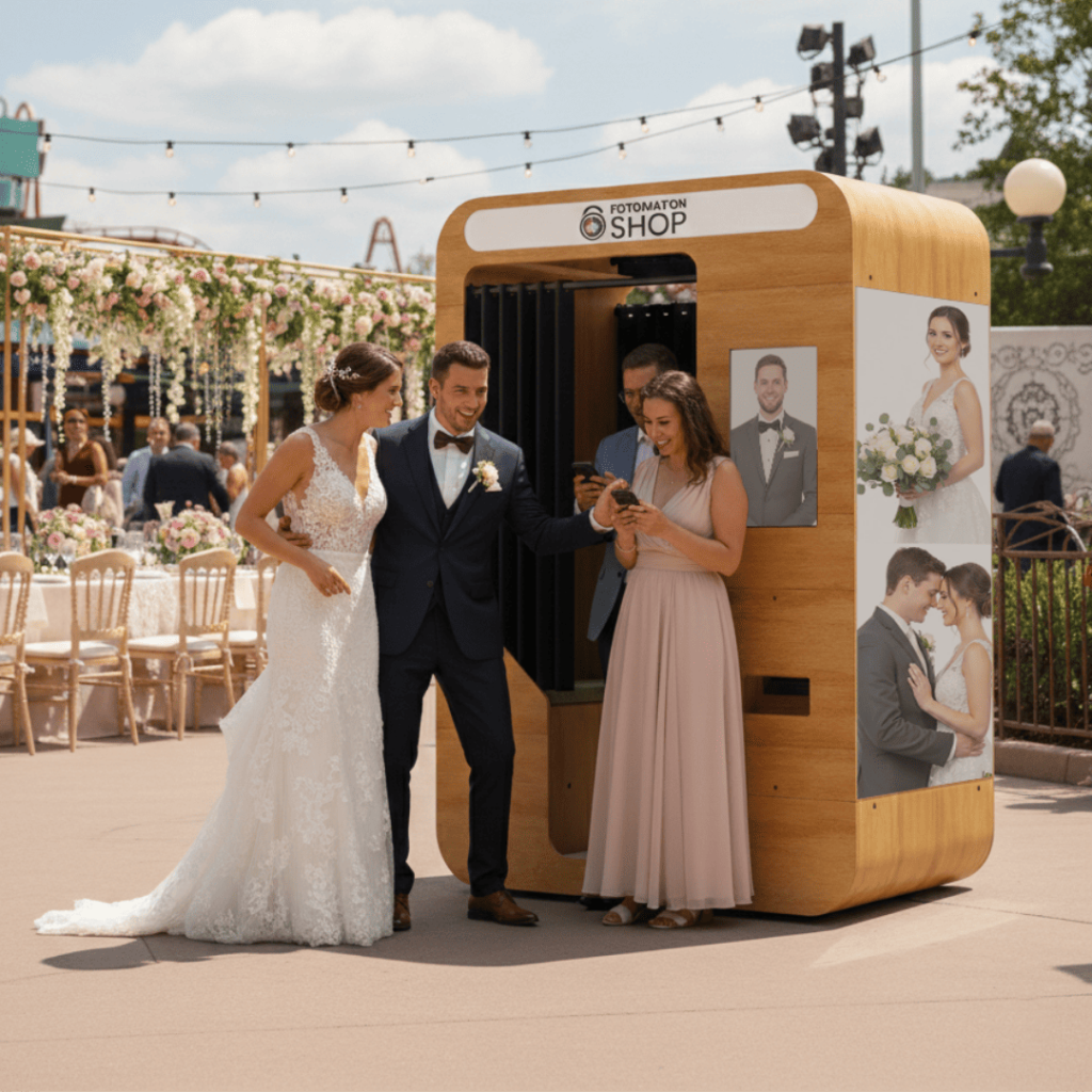 Novios junto a un fotomatón de madera con fotos impresas en una boda