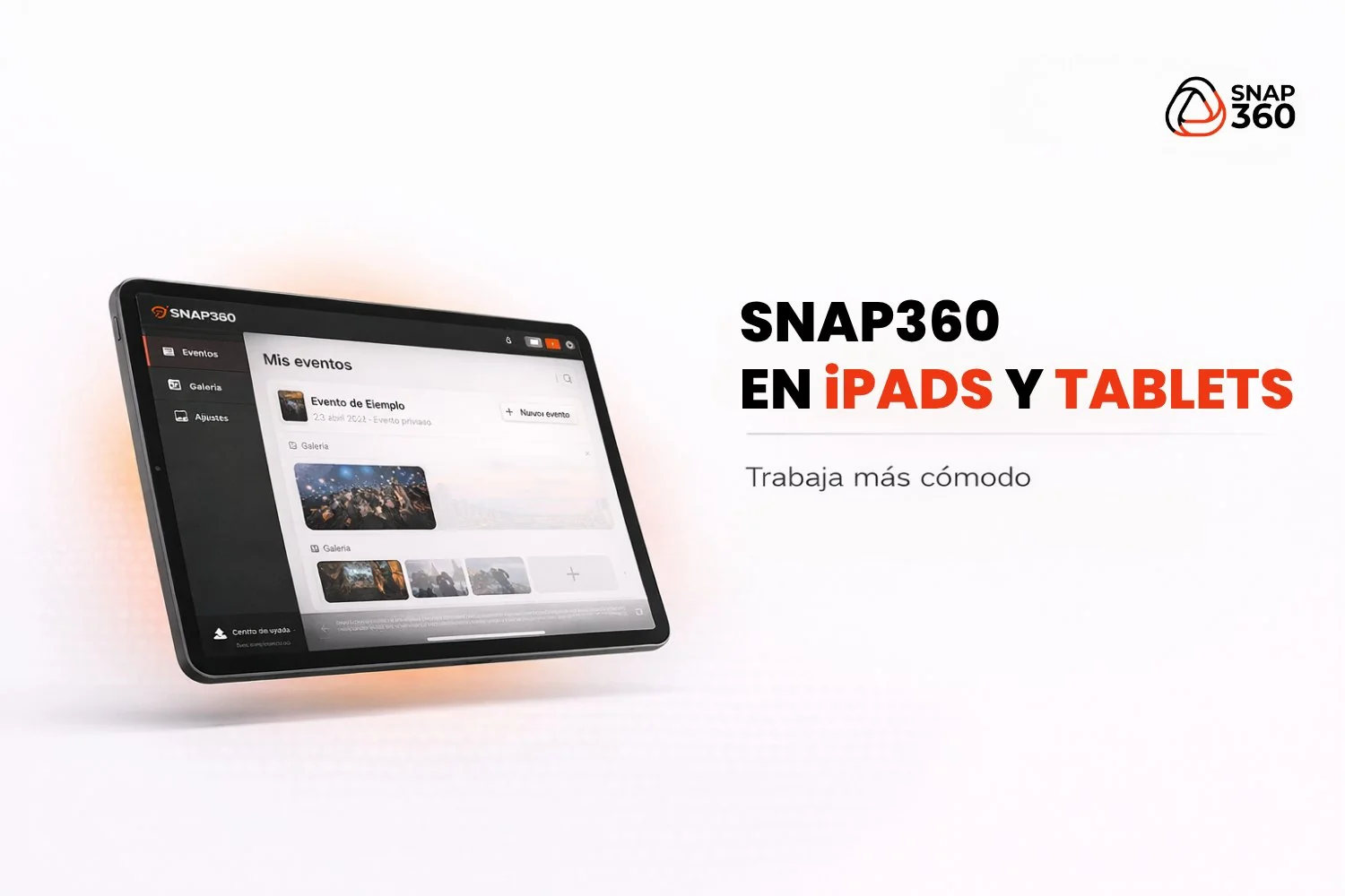 Snap360 abierta en un iPad con la lista de eventos y la galería del evento