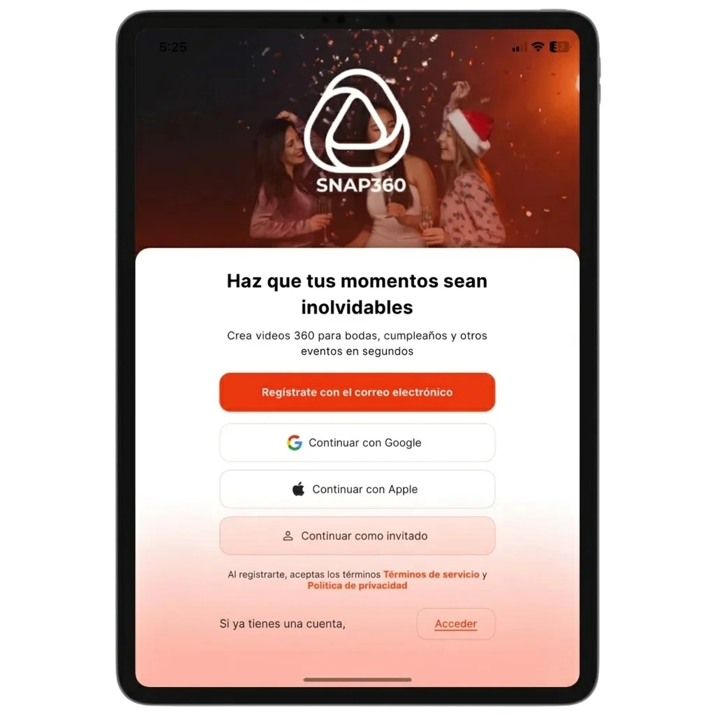 La app Snap360App abierta en un iPad, con la pantalla de acceso para empezar a crear vídeos 360