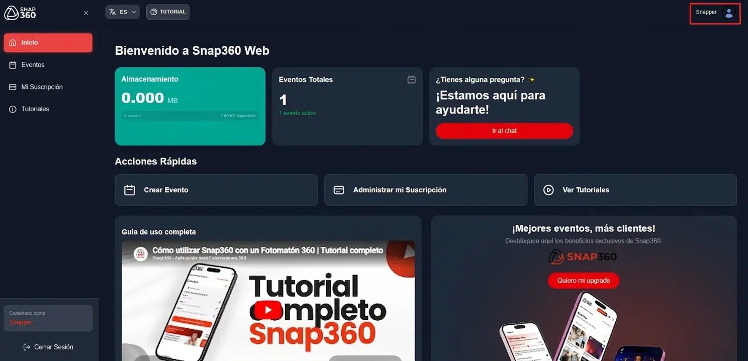 Gestión de eventos y almacenamiento de Snap360 desde el ordenador