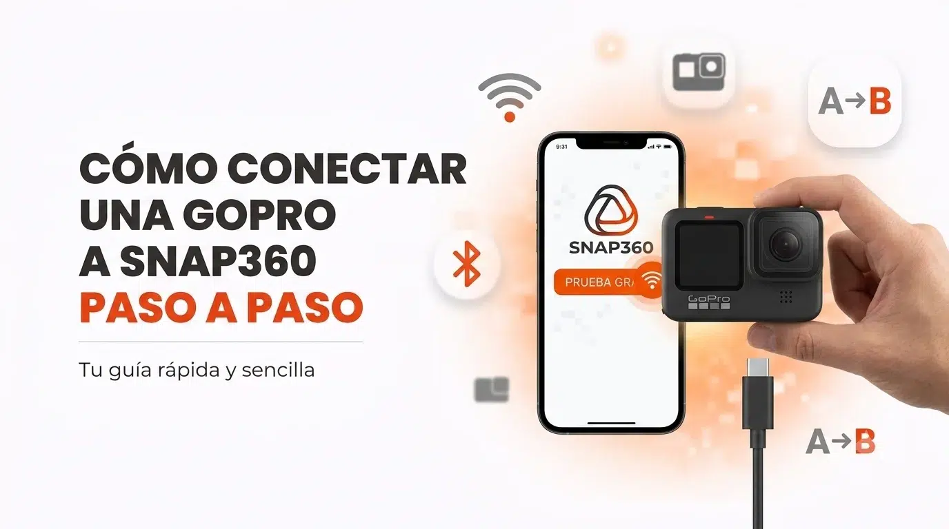 Guía para conectar una GoPro a Snap360 paso a paso, con la cámara junto al móvil