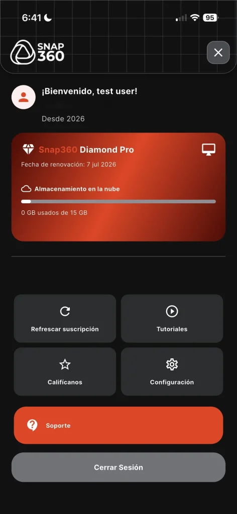Paso 2 para conectar la GoPro: menú de la app Snap360