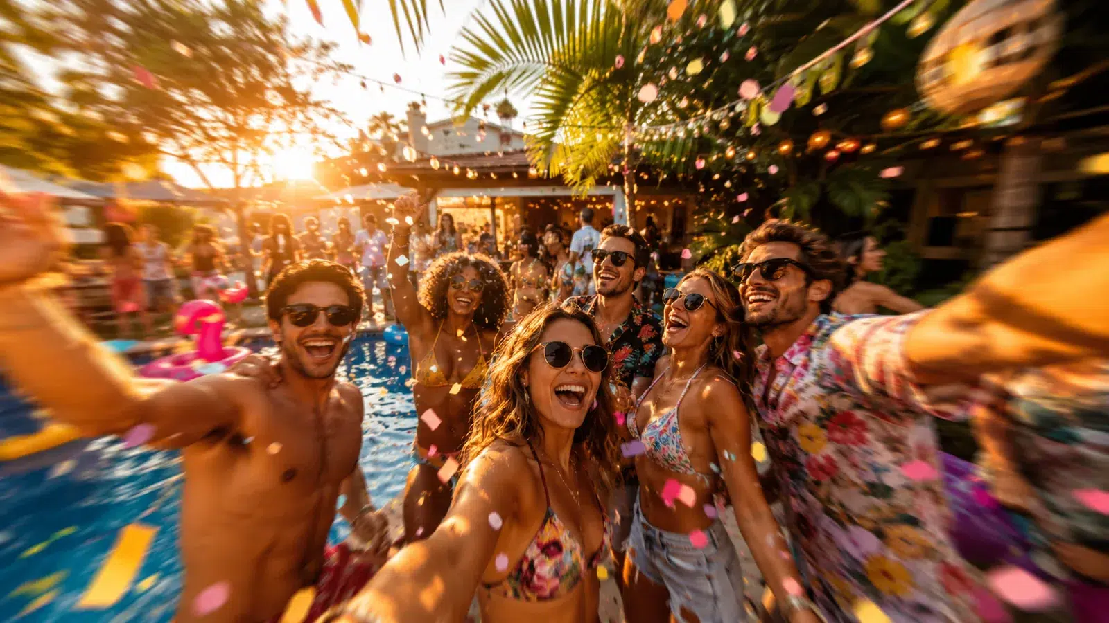 Grupo de amigos celebrando una fiesta en la piscina al atardecer, con confeti y gafas de sol