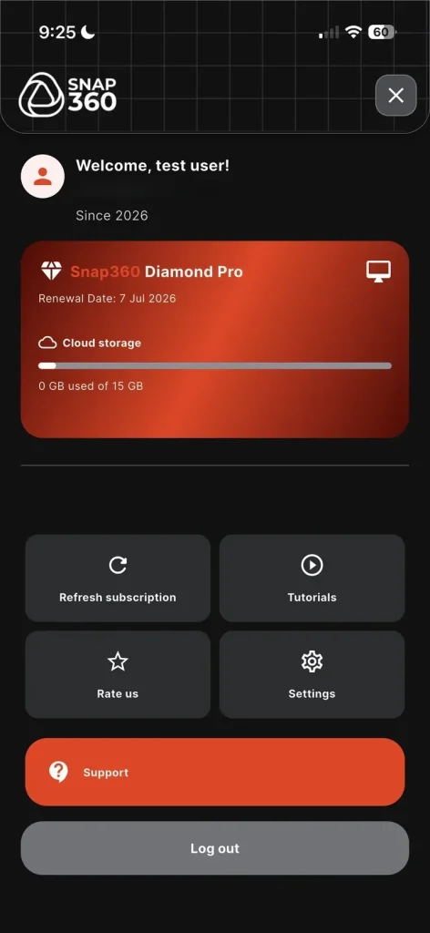 Snap360-এ অ্যাকাউন্ট, সাবস্ক্রিপশন ও সহায়তার স্ক্রিন