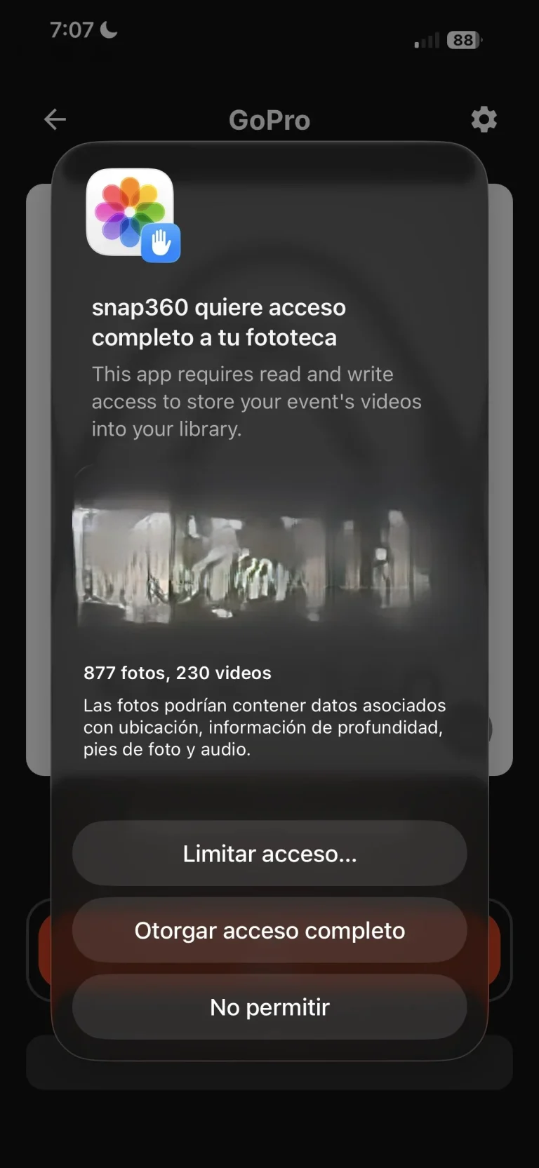 Paso 10 para conectar la GoPro: permiso de acceso a la galería