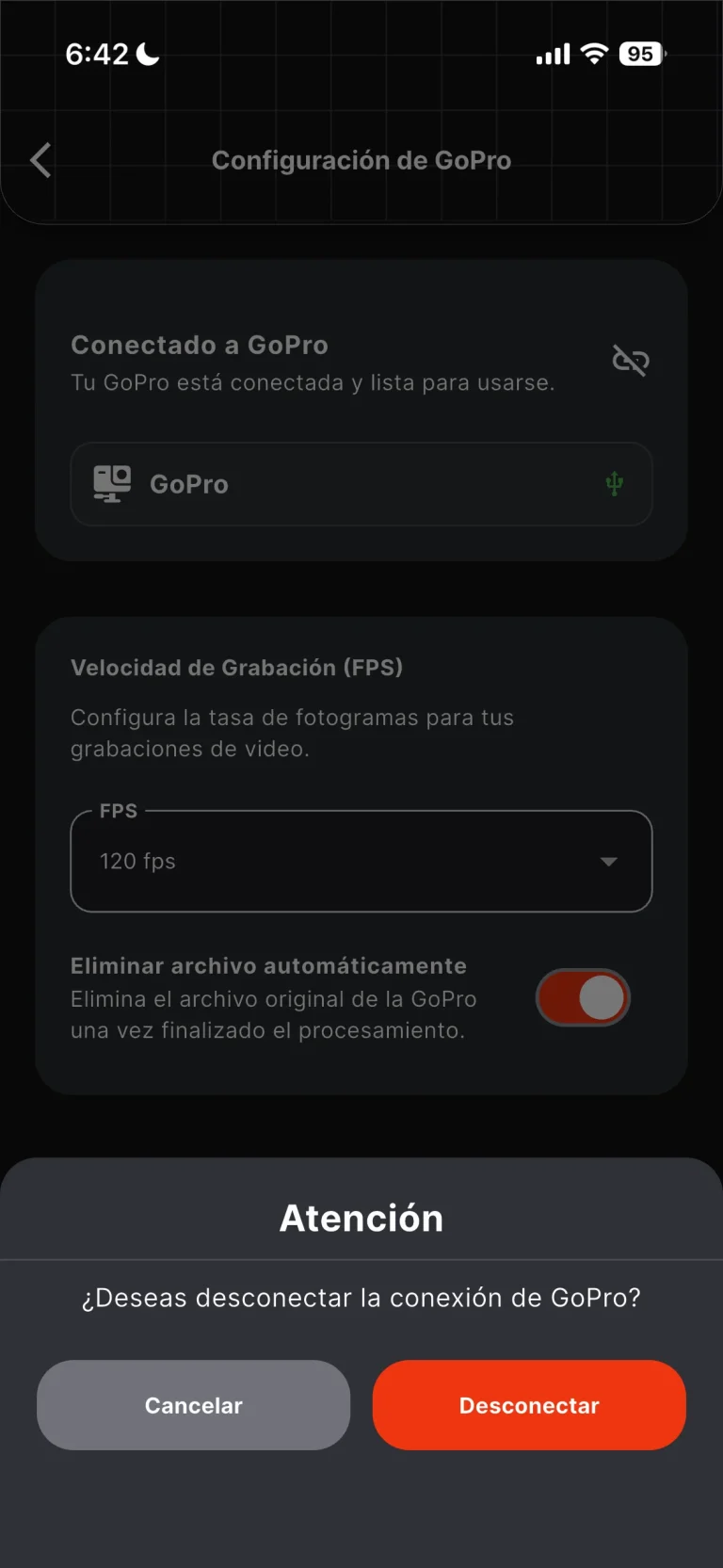 Paso 14 para conectar la GoPro: desconectar la cámara conectada por USB