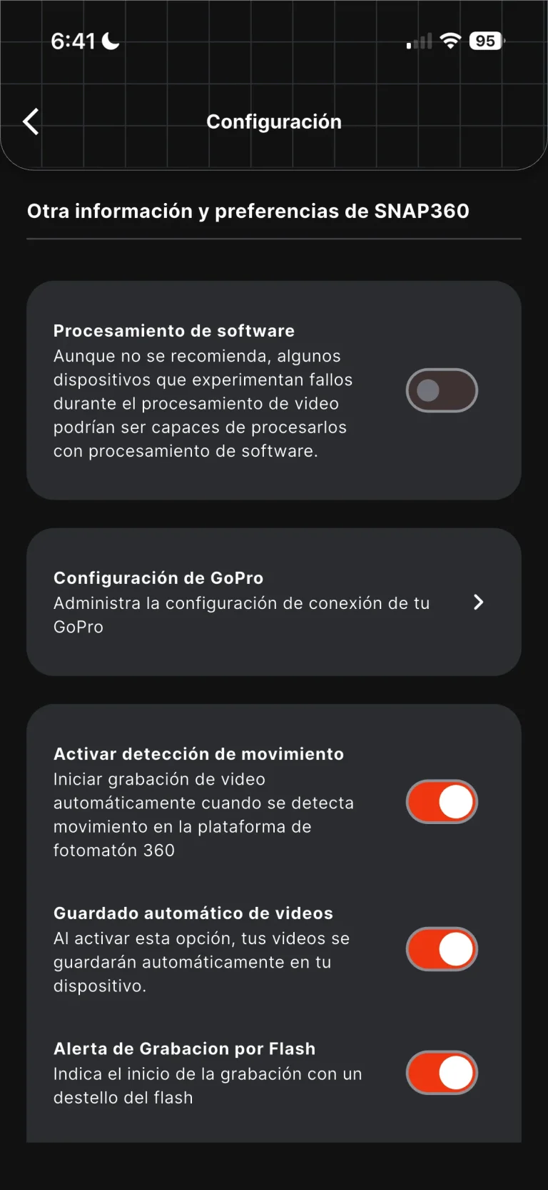 Paso 3 para conectar la GoPro: ajustes de la app Snap360