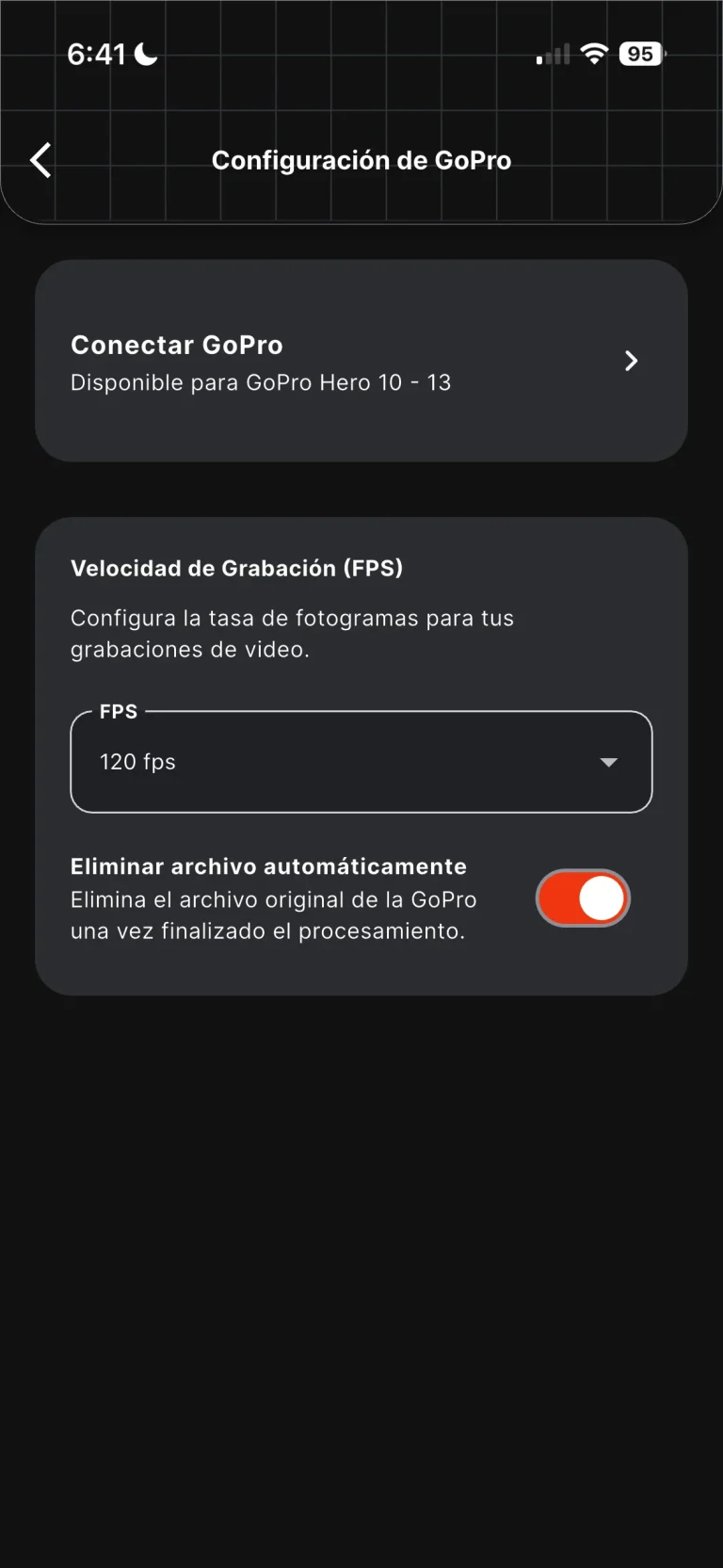 Paso 4 para conectar la GoPro: apartado de configuración de la GoPro