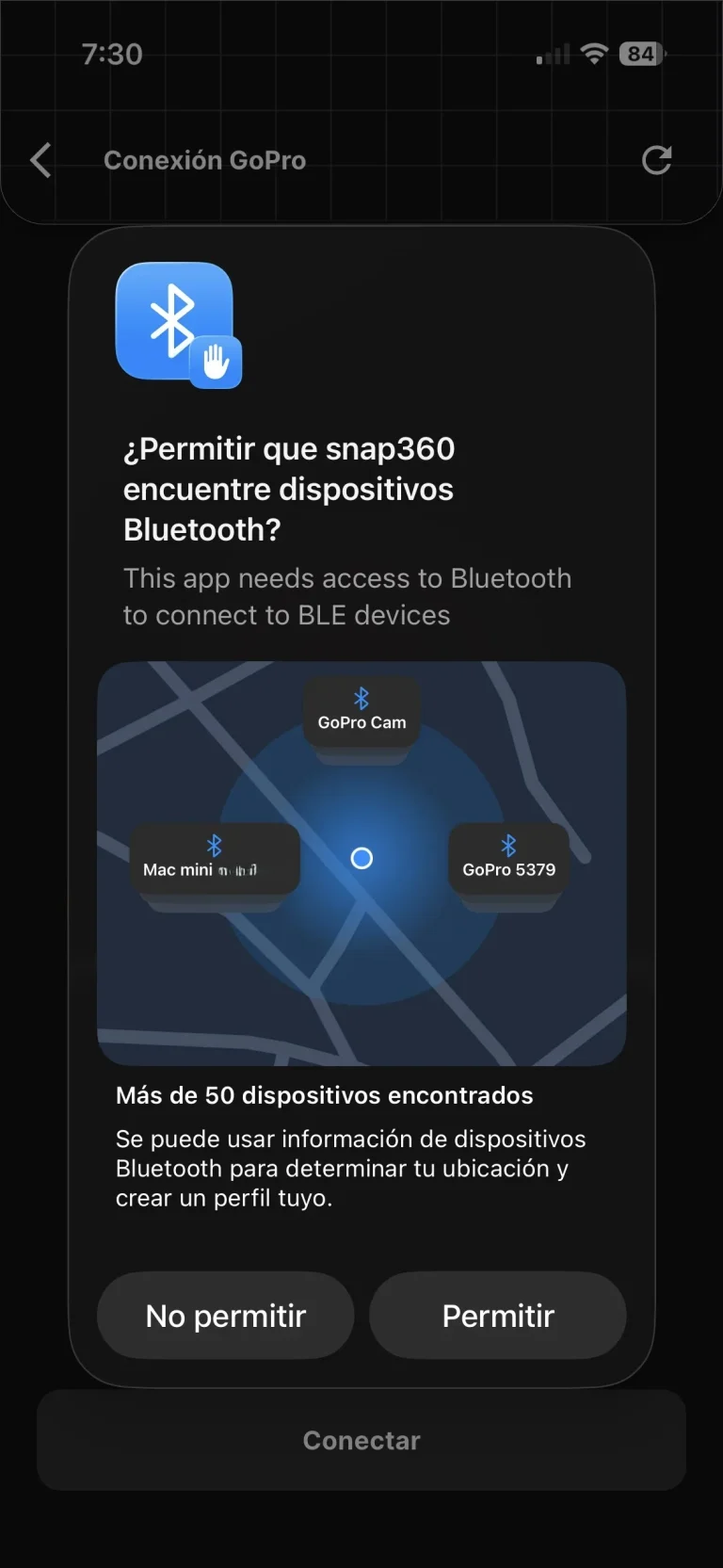 Paso 5.1 para conectar la GoPro: permiso de Bluetooth