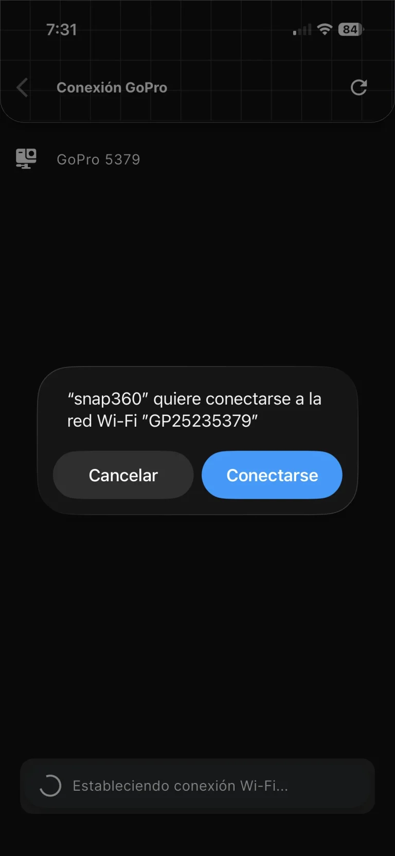 Paso 6.2 para conectar la GoPro: aceptar la red wifi de la cámara