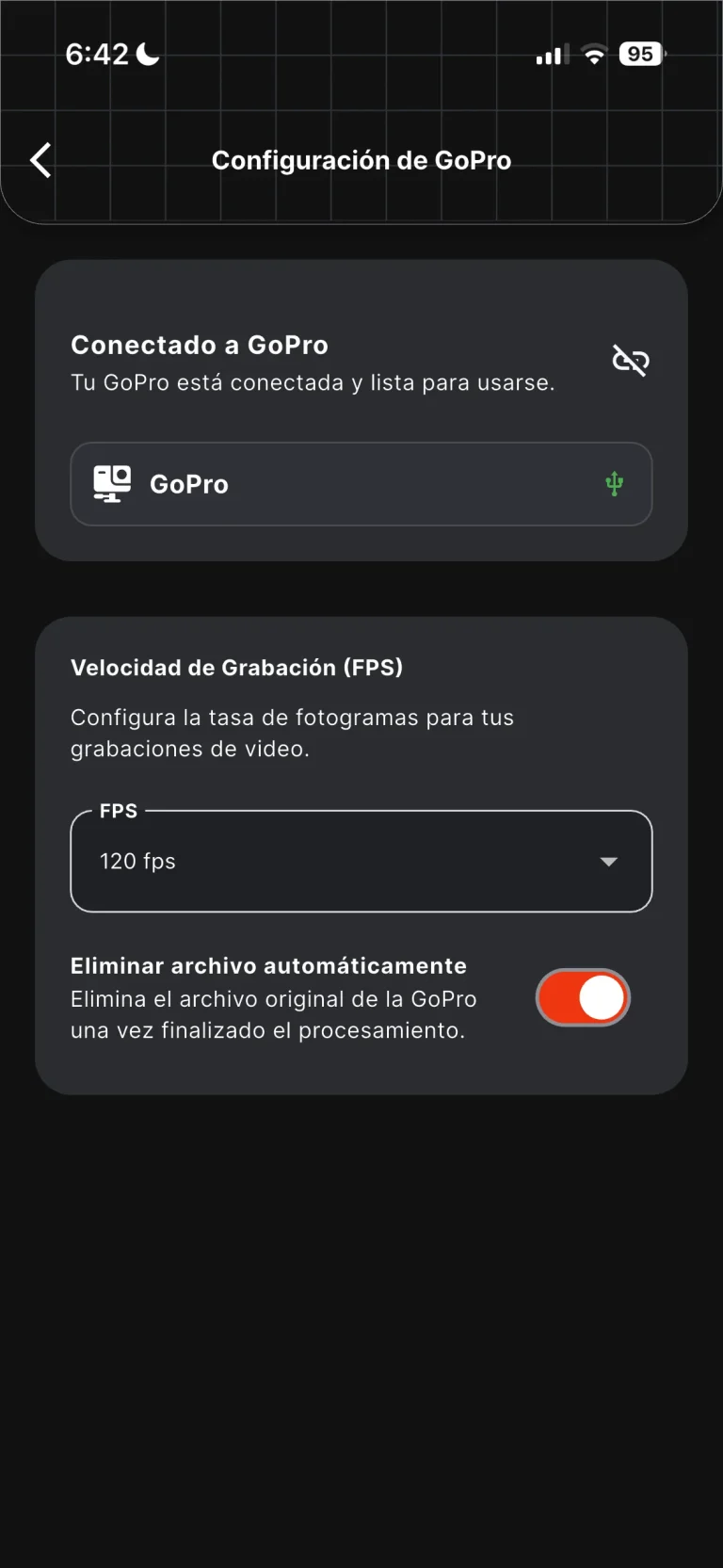 Paso 7 para conectar la GoPro: configuración con la cámara conectada por USB