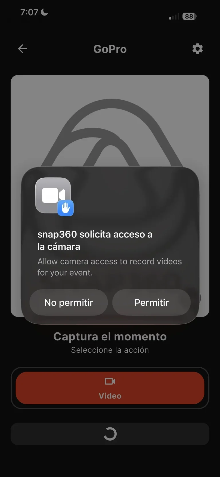 Paso 8 para conectar la GoPro: permiso de cámara al grabar