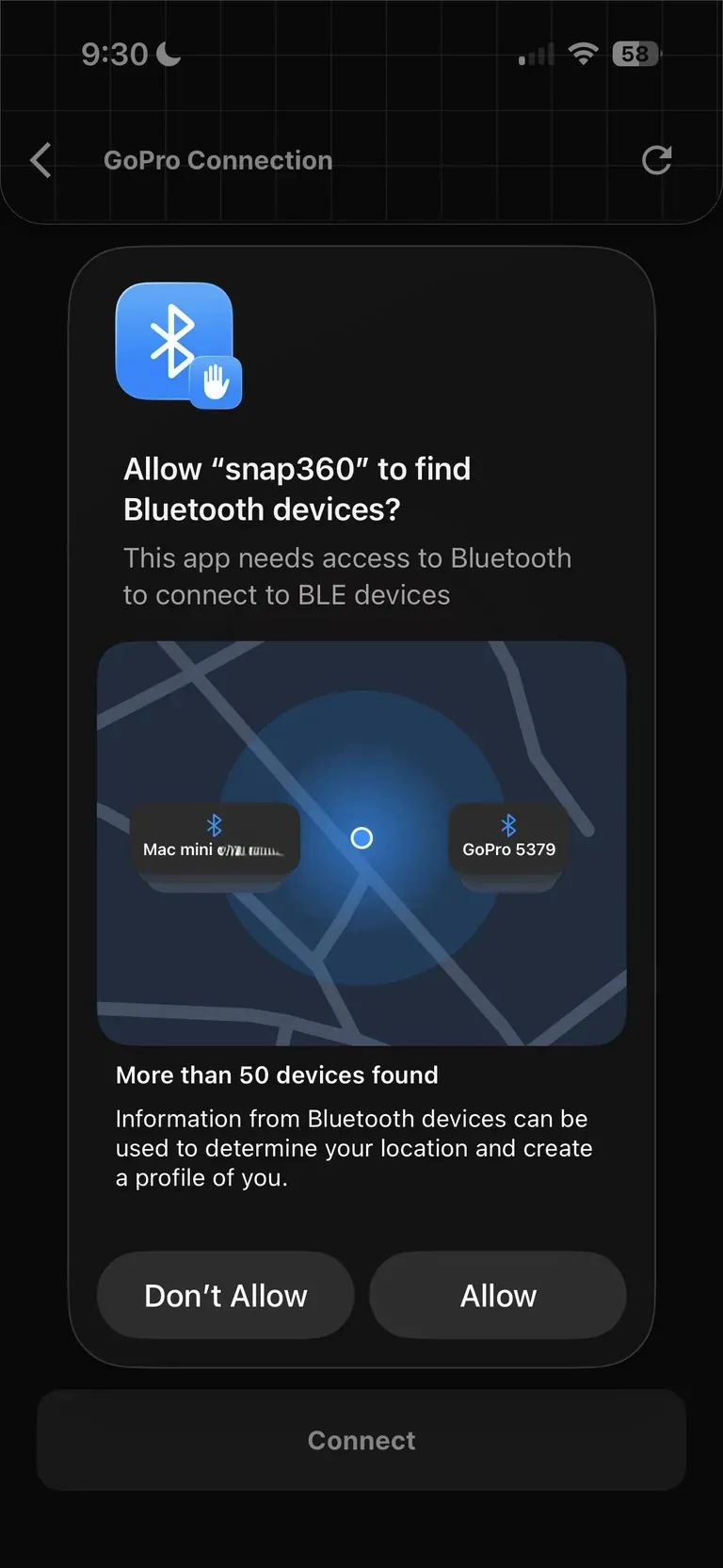 iOS chiede il permesso Bluetooth perché Snap360 trovi la GoPro