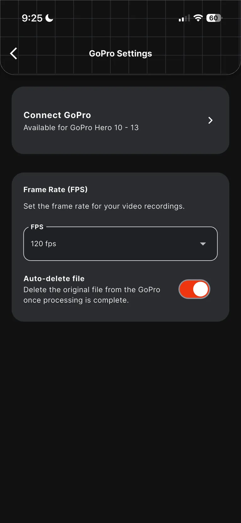 Schermata di configurazione della GoPro in Snap360