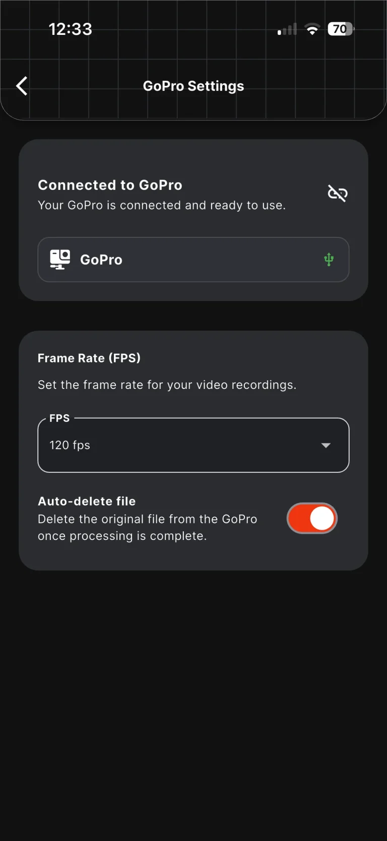 A GoPro já conectada ao Snap360 por USB