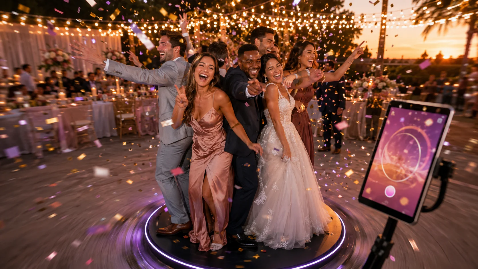 Novios e invitados bailando sobre una plataforma 360 iluminada en una boda al aire libre