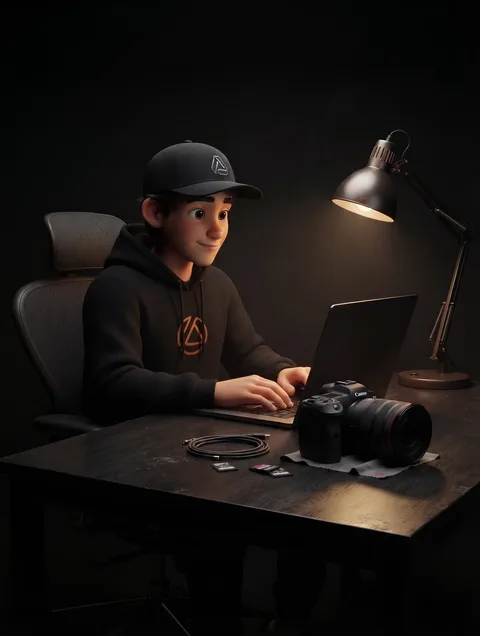 Snappy, la mascota de Snap360, en su escritorio con una cámara réflex Canon conectada al portátil