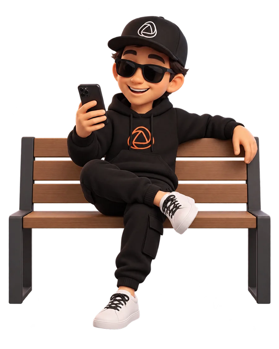 Snappy sentado, descargando la app de Snap360 en el móvil