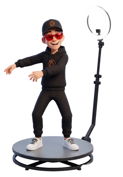 Snappy en la plataforma giratoria de un fotomatón 360