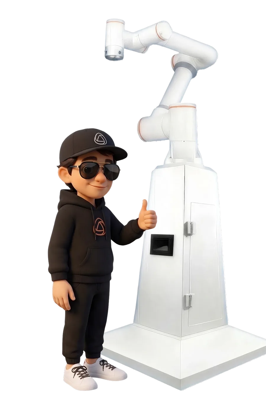 Snappy junto a un glambot, el fotomatón de brazo robótico que controla Snap360