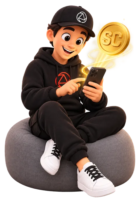 Snappy sentado con el móvil, comprobando sus SnapCoins