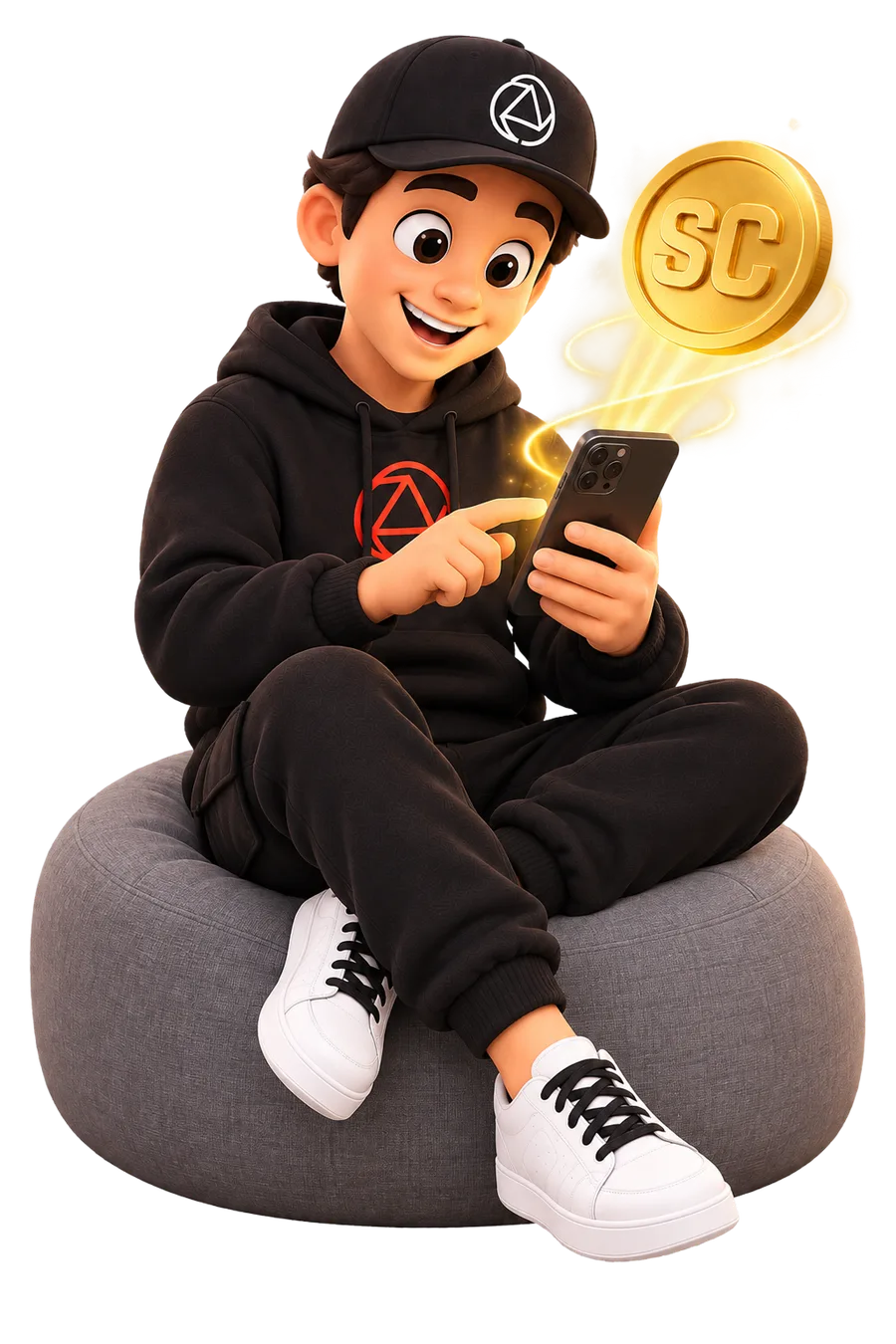 Snappy sentado con el móvil, comprobando sus SnapCoins