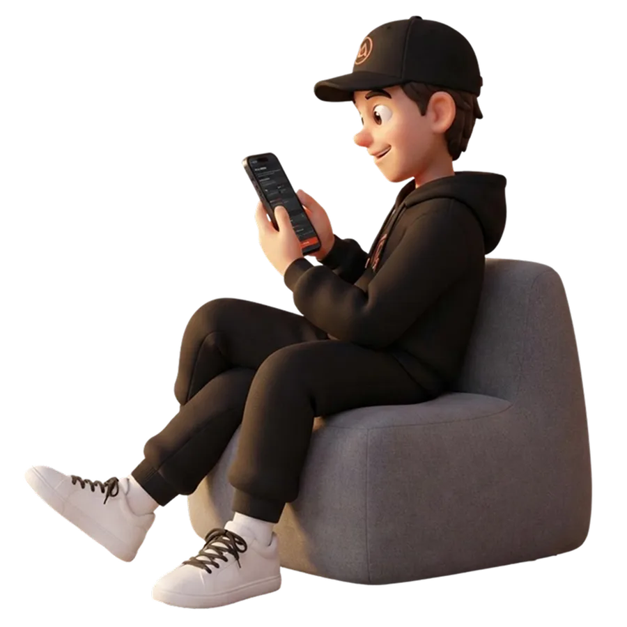 Snappy sentado en un sillón revisando la app en el móvil