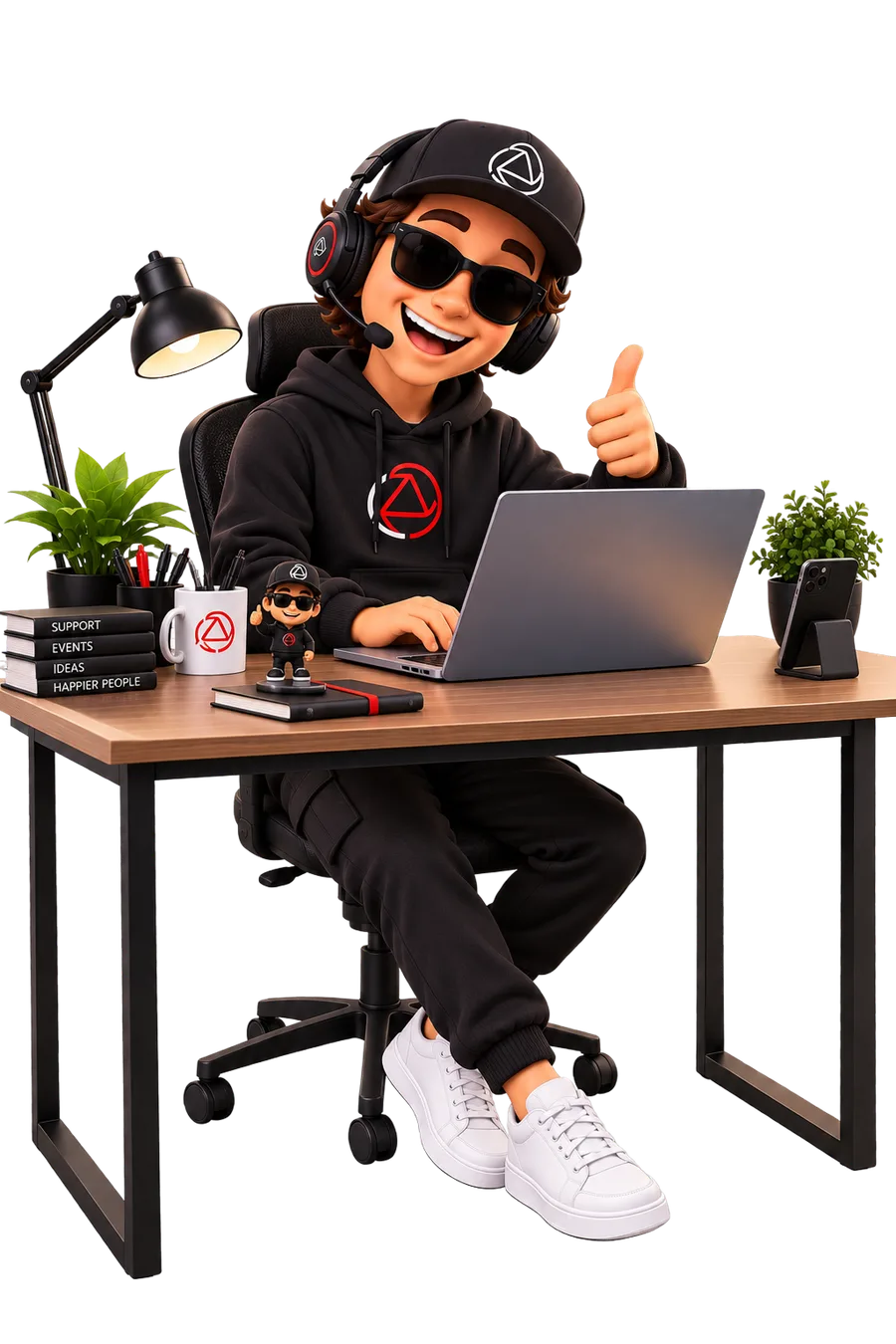 Snappy con los auriculares puestos, listo para atender soporte técnico